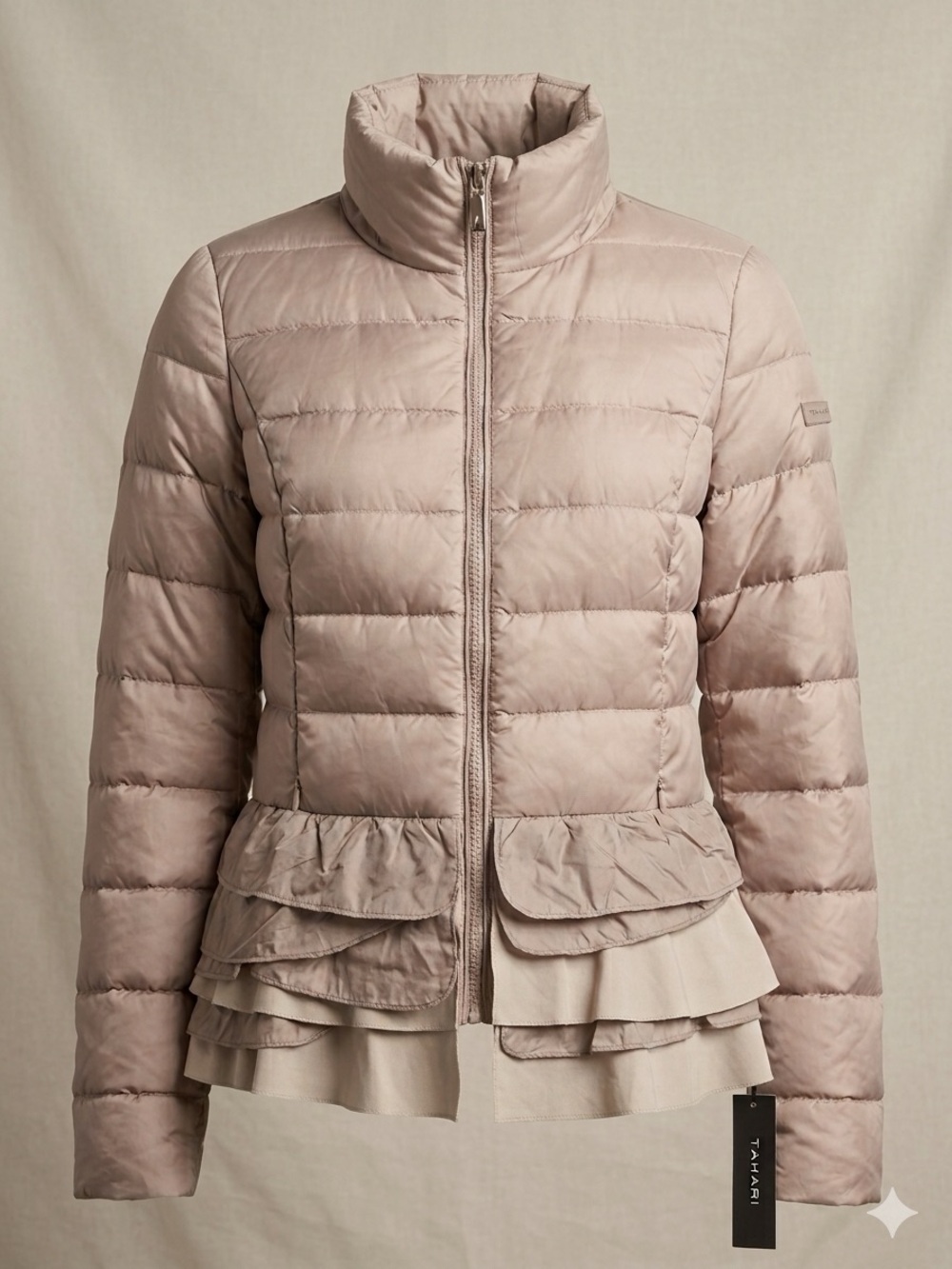 NWT TAHARI Dusty Blush Quilted Ruffle-Hem Puffer Jacket Size XS